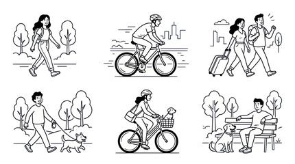 Obraz premium People enjoying outdoor activities: walking, cycling, travel, dog walking, park relaxation