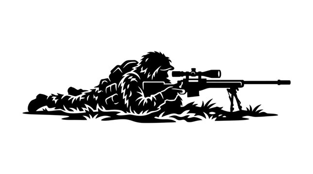Soldier aiming sniper rifle in camouflage lying on ground.