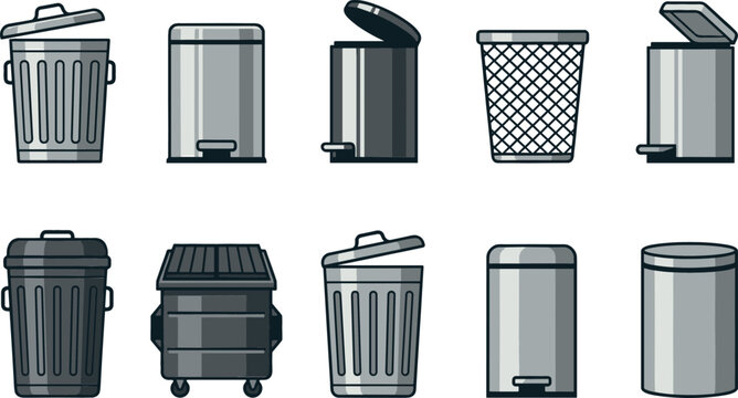 Trash can vector icon set featuring garbage bin dumpster mesh basket and step pedal waste containers isolated on white background for graphic design.