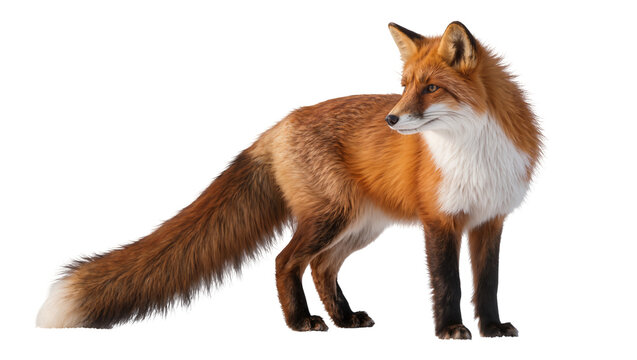Red fox standing with bushy tail and white chest