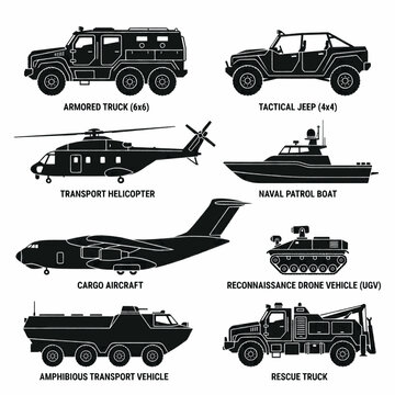 Collection of various military and transport vehicles including aircraft, boats, trucks, and helicopters.