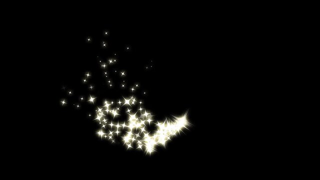 Magic fairy sparkle star trail, glowing golden glitter stars blink, twinkling pixie dust burst, shimmering light path animation, elegant wand effect, sparkling particle blink stars on black screen.4K