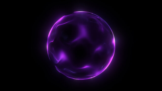 Abstract purple energy sphere of magical glowing waves on a dark background. Futuristic digital orb screensaver.