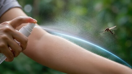 Obraz premium Hand spraying mosquito repellent mist on forearm as a mosquito approaches, outdoor close-up showing protection from bites
