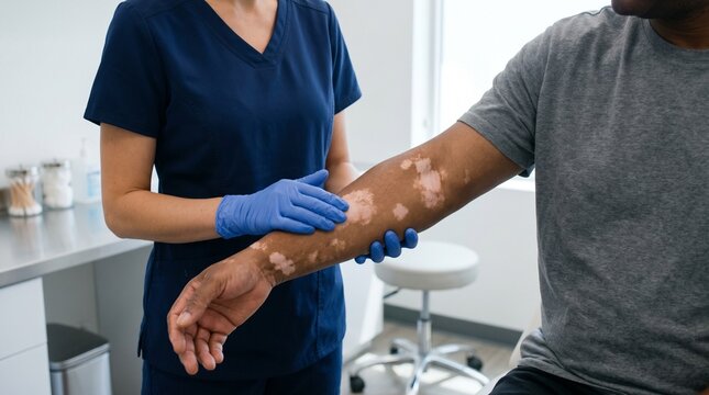 Dermatologist examining vitiligo arm, Skin condition consultation, Modern clinic healthcare, Patient care close up, Clean medical office scene
