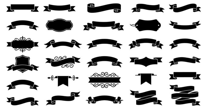 Collection of decorative black ribbon banners and ornate flourishes on a white background for elegant design elements