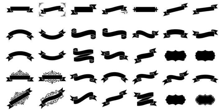 Collection of decorative black ribbon banners and ornate scrollwork on a white background for elegant design elements