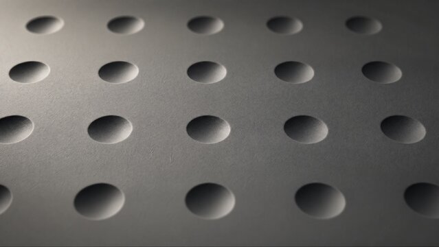 Grid of circular indentations on gray surface with side lighting.