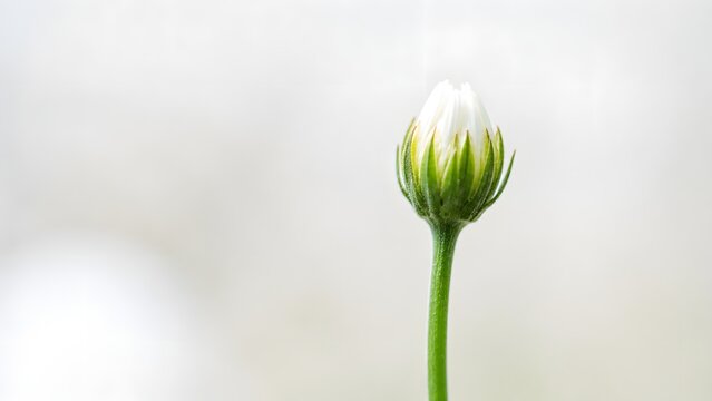 A single white daisy flower bud standing tall against a soft and bright minimalist background.