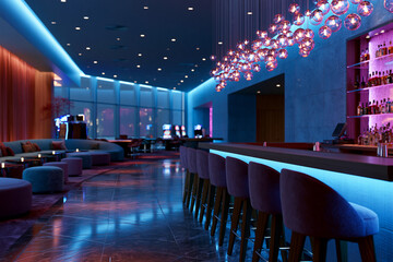 Naklejka premium Dark bar glows with purple and blue lights. Chairs line a sleek, modern counter. Suspended bulbs cast warm, inviting hues. Cool tones reflect off polished floors. Dining area rests in tranquil