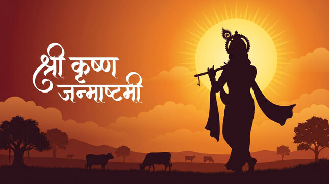 Silhouette of Lord Krishna playing flute at sunset with sacred cows for Janmashtami devotional art