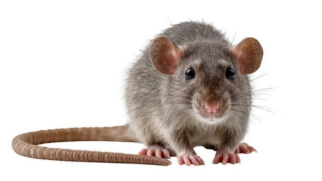 Brown rat with grey fur and pink paws on white