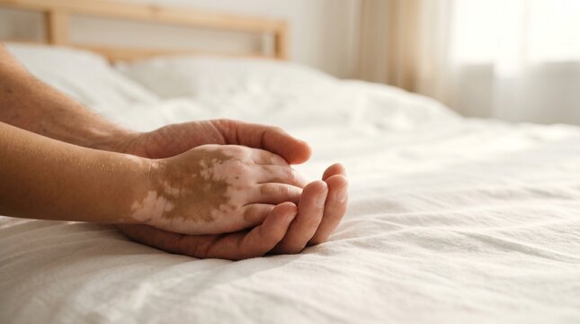 Child vitiligo hand holding parent, Family care close up, Skin condition support, Tender healthcare concept, White bedsheet copy space