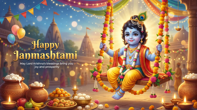 Cute baby Krishna on floral swing with festive Janmashtami celebration background and devotional decor