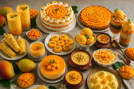 Assorted mango desserts with pudding, cake, and faluda in clay pots and glasses