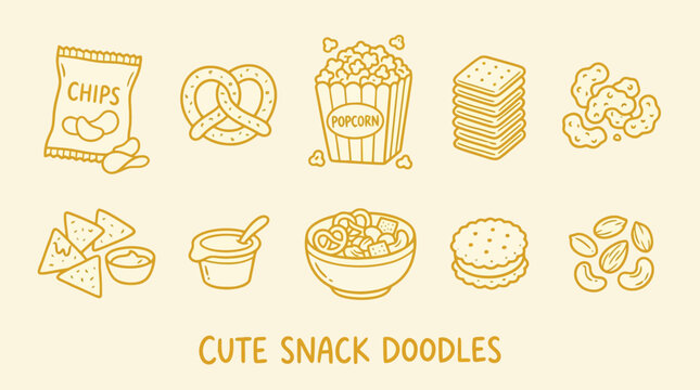 Collection of cute hand-drawn snack doodles, including chips, pretzels, popcorn, crackers, nuts, nachos, dip, and cookies.