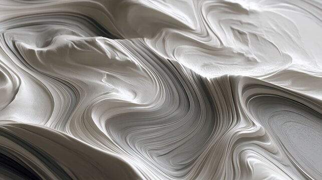 Smooth gray green liquid surface displays marble like flow with soft curved lines, layered fluid bands and a pale gray tone creating a clean abstract texture with minimal waves.