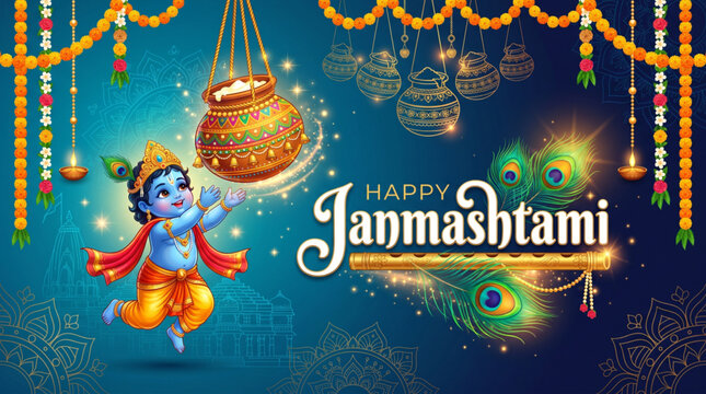 Festive baby Krishna Janmashtami banner with dahi handi pot and glowing devotional celebration theme