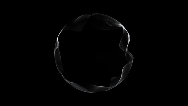 Abstract Black and White Orb Isolated Background. Monochrome Energy Ring Structure. Thin Flowing White Wave Circular