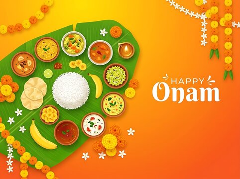 Traditional onam sadya feast served on a banana leaf with festive floral decor