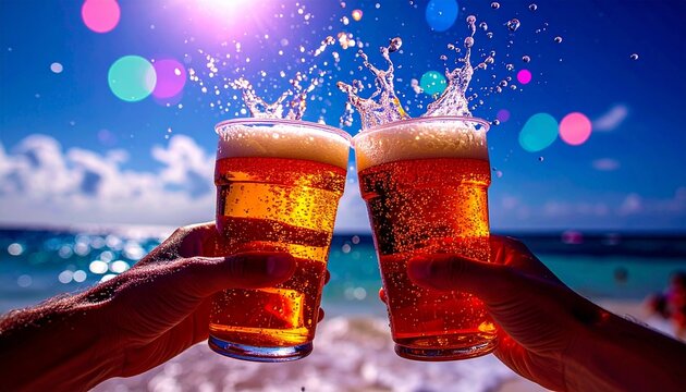 真夏のビーチ、ビールで乾杯
cheers beer in summer beach