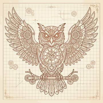 Steampunk owl mechanical bird design with clockwork gears on grid paper
