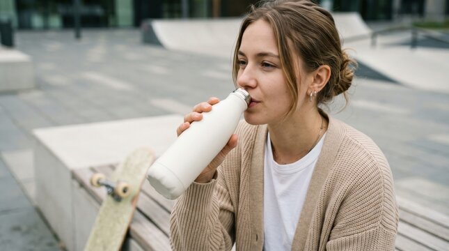 Woman drinking water from reusable metal bottle while sitting in skatepark. Active lifestyle, hydration habit and eco friendly choice. Concept of healthy living and outdoor activity.