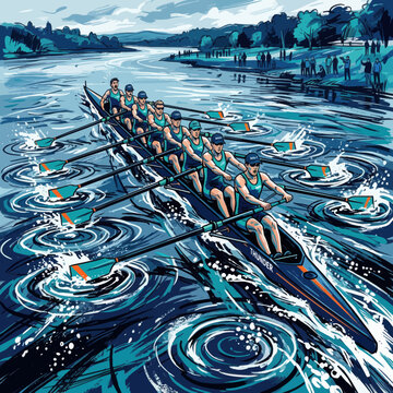 Team of rowers rowing a boat on blue water in a competitive sport race