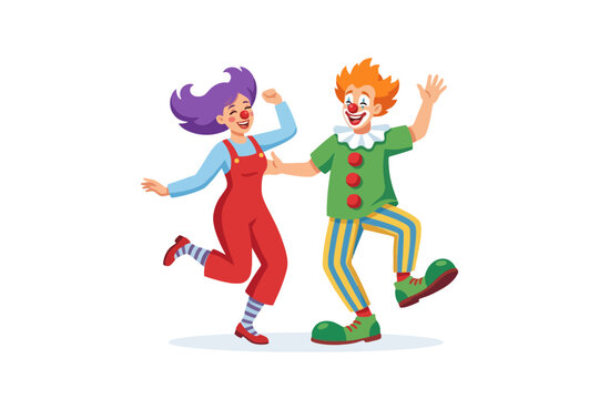 Clowns dancing and laughing in colorful costumes on white background