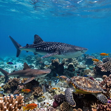 Minimalist Background Zebra. Breathtaking Coral Reef Panorama Featuring Various Marine Life Including Whale Shark, Hammerhead Shark, Zebra Shark, And Sea Turtle