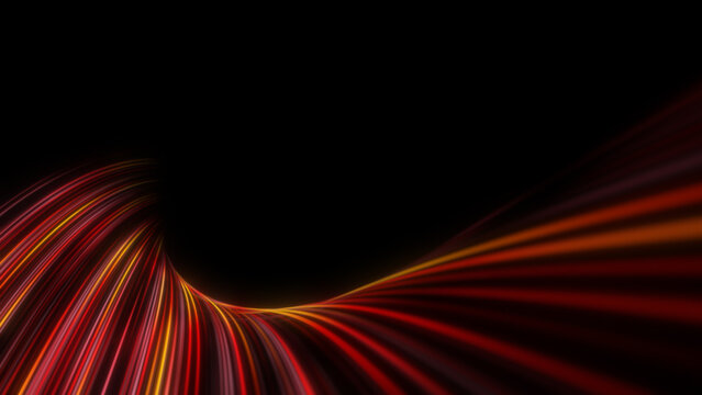Glowing speed lines with dynamic motion blur on dark futuristic. Red and Orange Neon Light Trails flowing into curved tunnel.