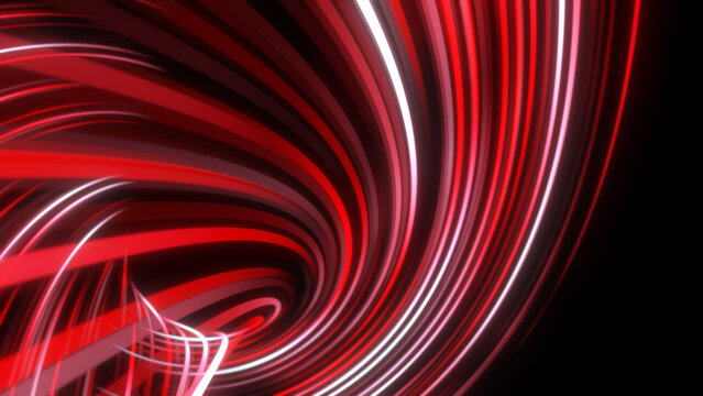 Abstract red neon light tunnel with glowing curved stripes and high speed vortex black background. Bright luminous swirl flow with dynamic spiral lines and glossy plasma streaks