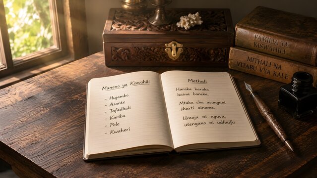 An open journal with handwritten Swahili proverbs on a rustic wooden desk with an ink pen set.