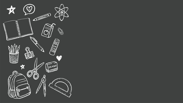 Back to school concept with school books, textbooks, backpack and stationery supplies on teacher's  chalkboard background with educational doodle for new academic year begin