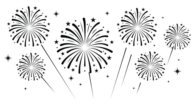 Minimalist firework icon burst vector illustration with small stars. Clean festive element isolated on a white background.