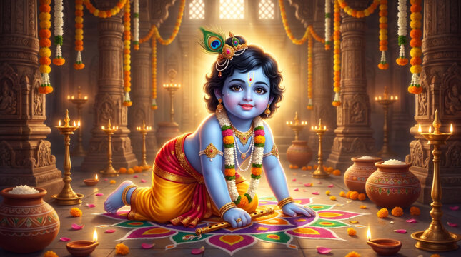 Adorable baby Krishna crawling inside glowing temple during Janmashtami devotional celebration artwork