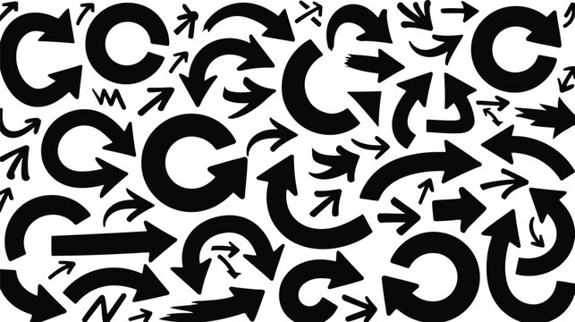 Seamless pattern of hand drawn black directional arrows with different shapes and looping curves