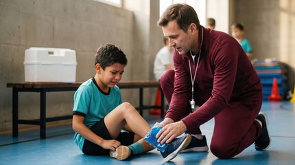 Coach applying ice pack to crying boy on gym floor after knee injury. Mentor caring for injured child during school sport game. Trauma recovery, first aid and athletic healthcare.