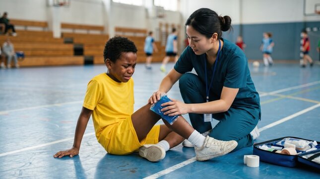 Female nurse applying ice pack to injured knee of crying boy athlete on gymnasium floor. Emergency medical assistance for child player during sports game. Healthcare and injury care.