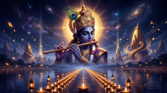 Divine Lord Krishna flute music with glowing cosmic temple lights and spiritual fantasy night artwork