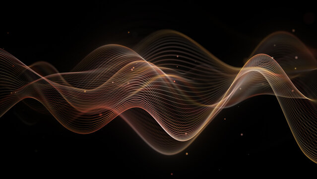 Flowing wave Smooth lines technology. Blurred graphic wave black background flying particles. Rusty rod, copper gold linear blur. Scientific blurred brown sound wave moving dust on black background.