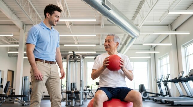 Personal trainer helping senior man exercise with fitness ball in gym. Instructor supervising elderly patient during physical rehabilitation. Healthy lifestyle concept for old age.