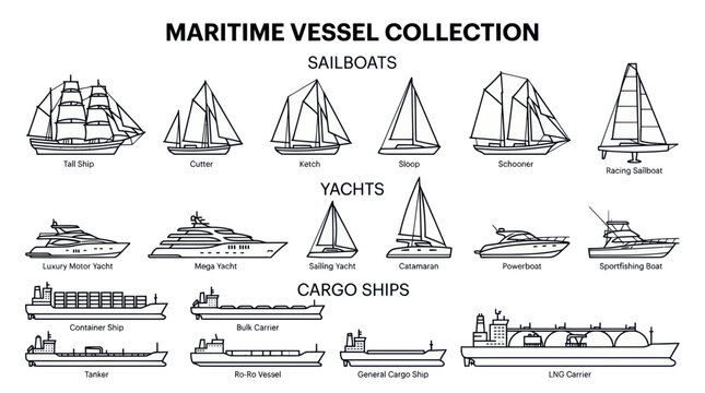 Collection of Maritime Vessels: Sailboats, Yachts, and Cargo Ships