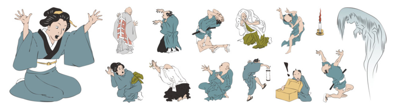 浮世絵風の様々な驚く人々のイラストポーズバリエーションセット（ベクター）