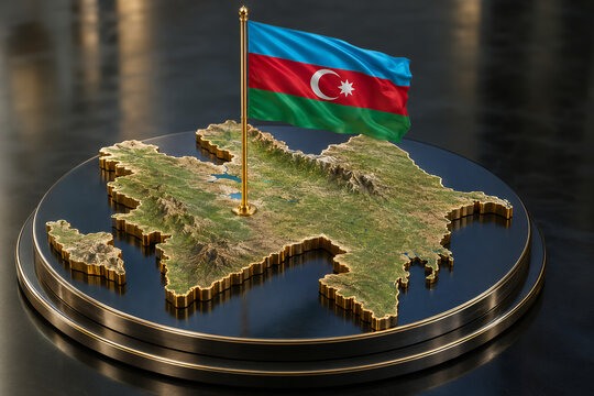 Azerbaijan Map and Flag on Luxury Pedestal &ndash; Detailed 3D Topographic Country Model