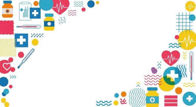 Healthcare and medicine corner border with colorful flat line icons and geometric elements.