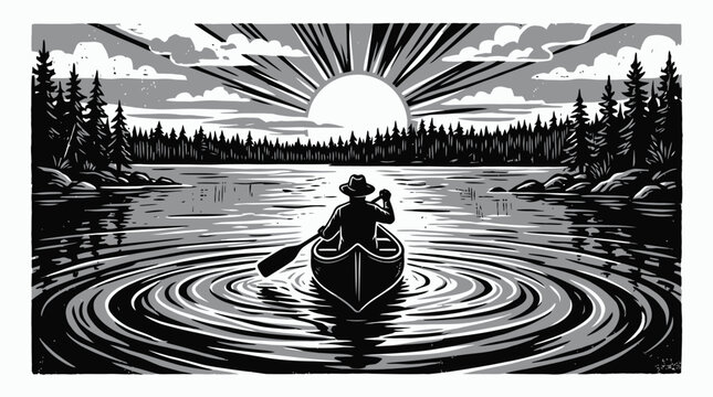 Vintage woodcut canoe illustration, man paddling boat on lake at sunrise, retro wilderness landscape with pine forest and sunburst