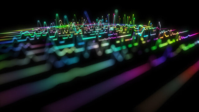 Scientifically shaped audio spectrum voice recording. Abstract neon music background. Multicolored sound waves black background. Digital color audio waveform rainbow colors endlessly rotates flowing.