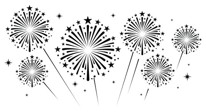 Minimalist firework icon burst vector illustration with small stars. Clean festive element isolated on a white background.