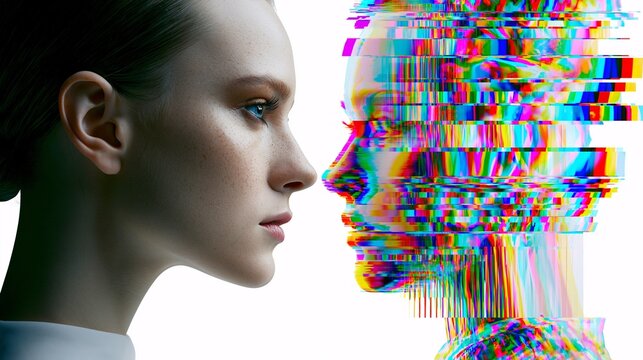 Woman faces digital glitch effect, vibrant chromatic distortion. High-contrast profile, cybernetic glitch